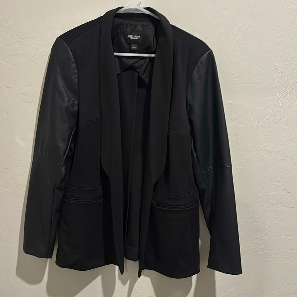 Vera Wang black laser with leather sleeves, size large